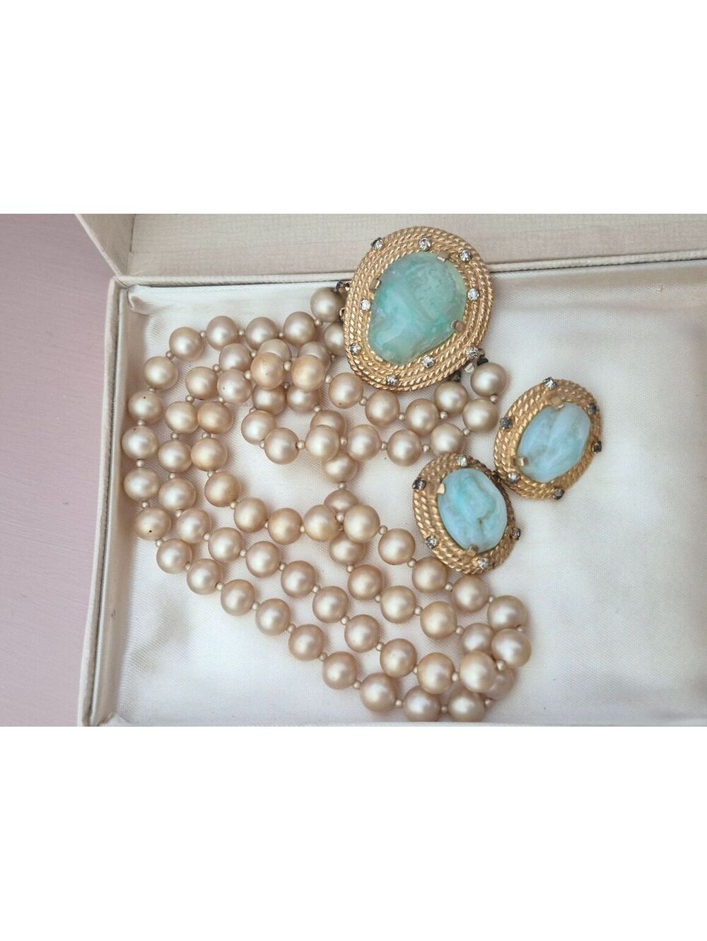 Vintage Castlecliff Faux Pearl Glass Rhinestone Choker Necklace and Earring Set